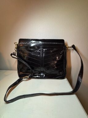 Vintage Black Eel Skin Crossbody Bag with Gold Hardware